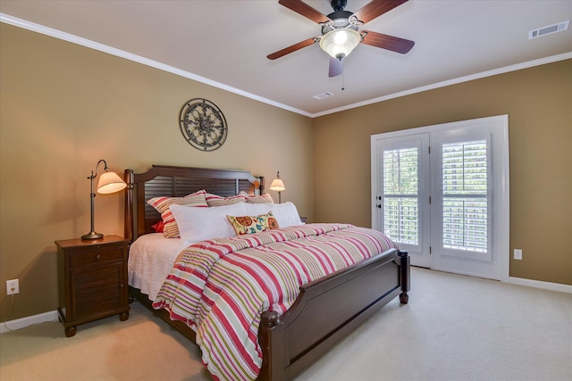 3005 Timber Woods Dr, Appling, GA 30802 - bedroom featuring access to exterior, light carpet, crown molding, and ceiling fan