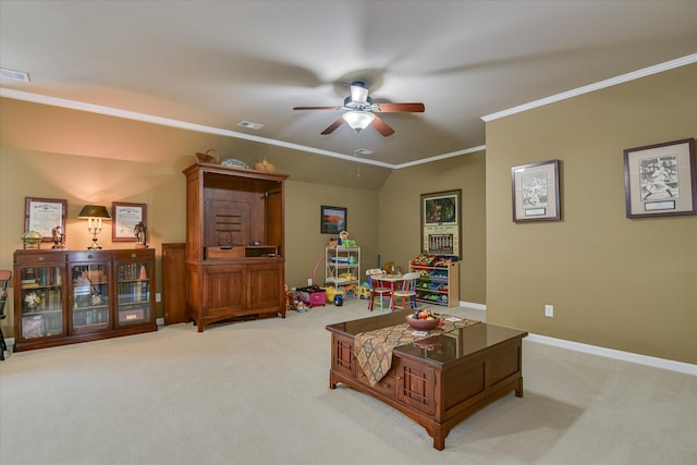 3005 Timber Woods Dr, Appling, GA 30802 - carpeted living area with crown molding and ceiling fan