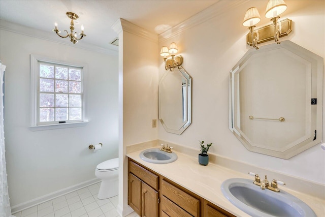 bathroom featuring ornamental molding, vanity, tile patterned flooring, and toilet