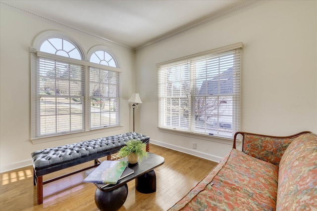 living area with hardwood / wood-style floors, a wealth of natural light, and ornamental molding