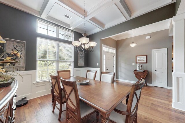3039 Tarleton Ct, Beech Island, SC 29842 - dining room with light wood-style floors, coffered ceiling, a wainscoted wall, beamed ceiling, and a decorative wall