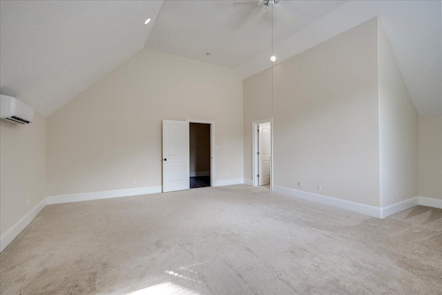 1034 N Pointe Ct, Tignall, GA 30668 - additional living space with carpet floors, high vaulted ceiling, a wall mounted air conditioner, and a ceiling fan
