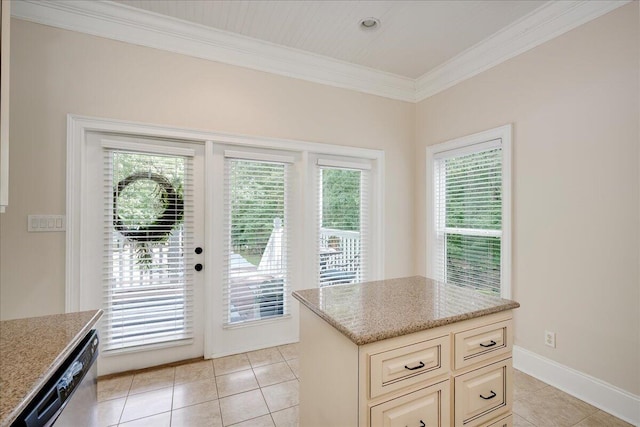 1034 N Pointe Ct, Tignall, GA 30668 - kitchen with dishwasher, crown molding, light tile patterned flooring, light stone counters, and a center island