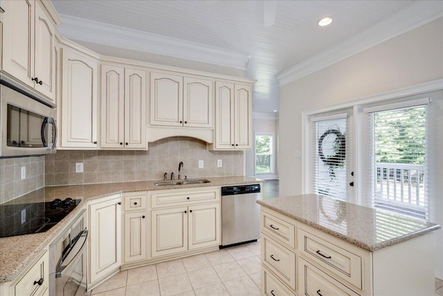 1034 N Pointe Ct, Tignall, GA 30668 - kitchen with stainless steel appliances, light tile patterned floors, backsplash, ornamental molding, and cream cabinets