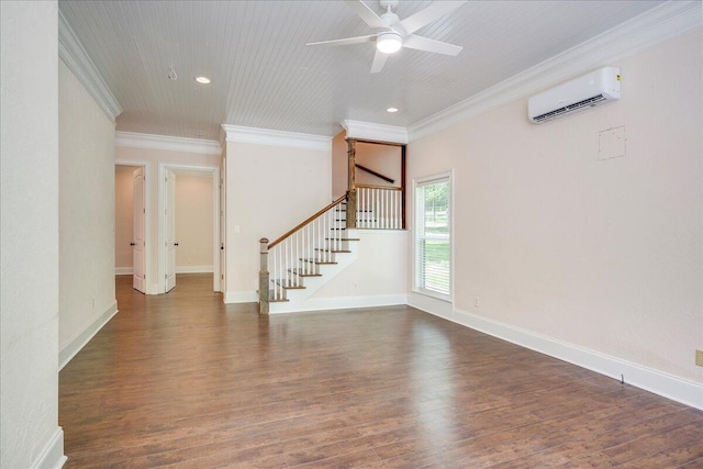 1034 N Pointe Ct, Tignall, GA 30668 - unfurnished living room with a wall mounted air conditioner, crown molding, stairway, ceiling fan, and wood finished floors
