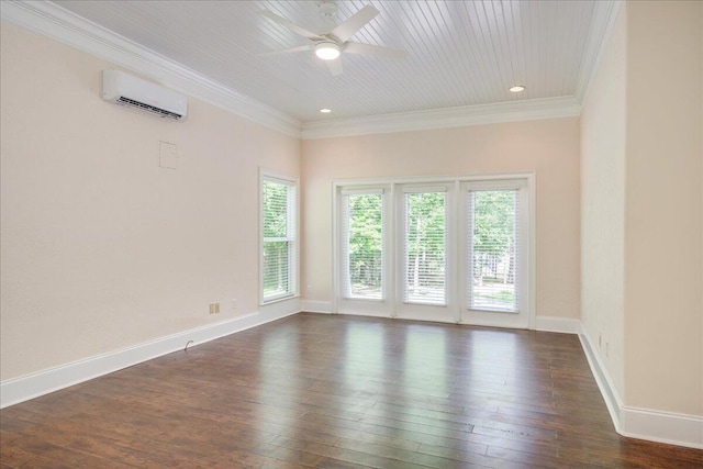 1034 N Pointe Ct, Tignall, GA 30668 - spare room with a wall mounted air conditioner, ornamental molding, ceiling fan, dark wood-type flooring, and recessed lighting