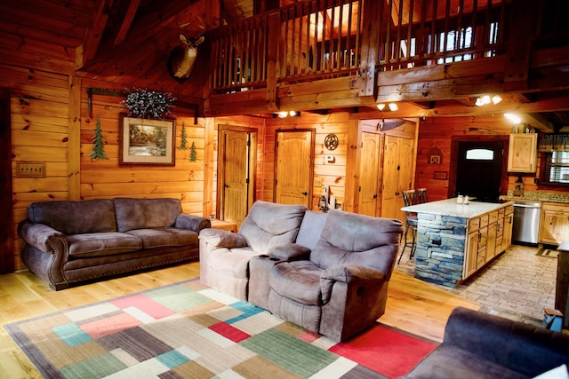 545 Beech Island Ave, Beech Island, SC 29842 - living area featuring wood walls, high vaulted ceiling, light wood-type flooring, and beam ceiling