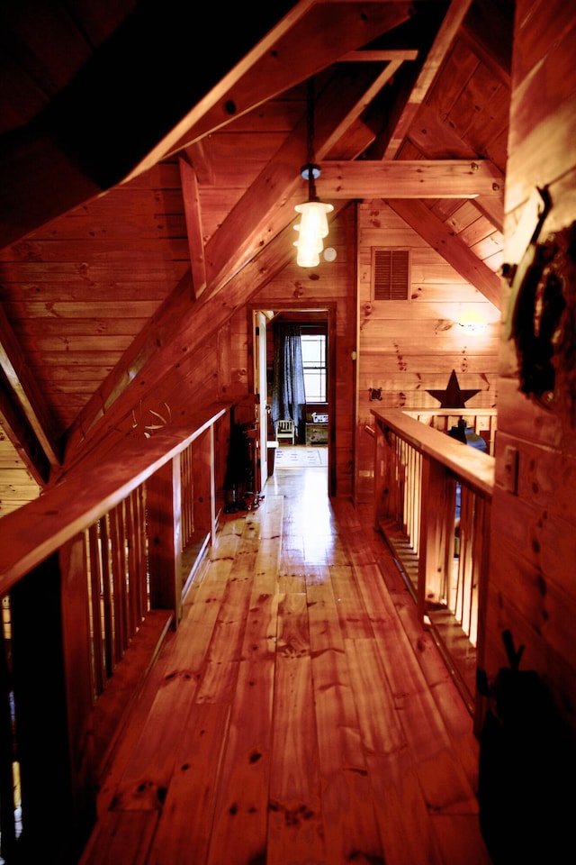 545 Beech Island Ave, Beech Island, SC 29842 - corridor with wood walls, hardwood / wood-style floors, wood ceiling, and an upstairs landing