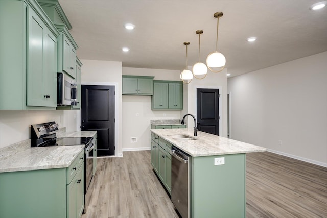 1962 Bunting Dr, North Augusta, SC 29841 - kitchen with appliances with stainless steel finishes, green cabinets, light wood-style flooring, and recessed lighting
