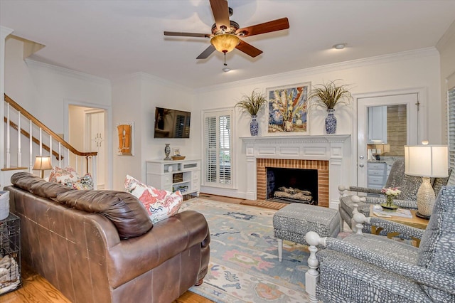 living area featuring ornamental molding, a ceiling fan, a fireplace, and wood finished floors