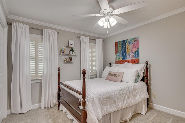 bedroom featuring baseboards, crown molding, and light colored carpet