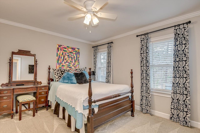 bedroom with baseboards, ornamental molding, a ceiling fan, and light colored carpet