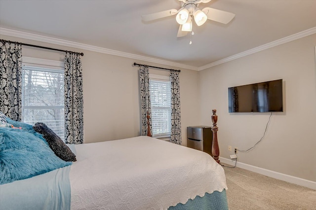 bedroom with multiple windows, light colored carpet, and crown molding