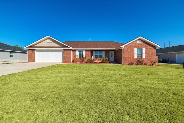 ranch-style home featuring a garage and a front lawn