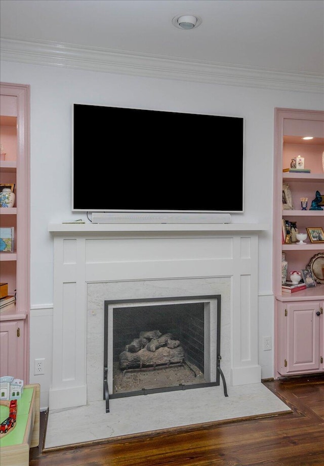 room details featuring built in shelves, a fireplace, wood finished floors, and crown molding