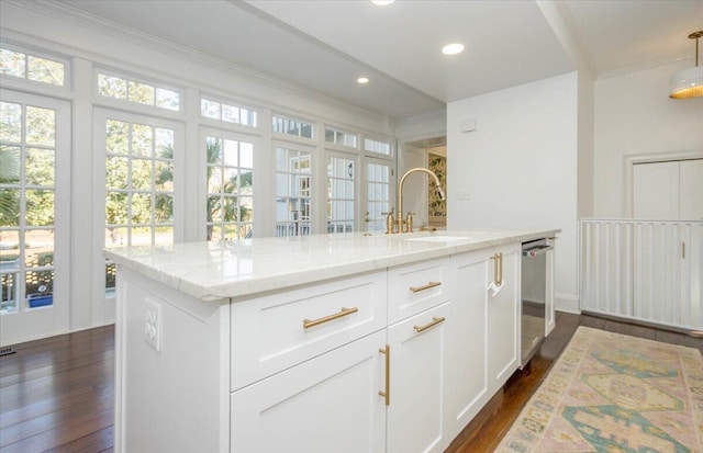 kitchen featuring light stone counters, dark wood finished floors, crown molding, a sink, and dishwasher