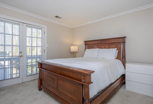 bedroom featuring light carpet, visible vents, and crown molding