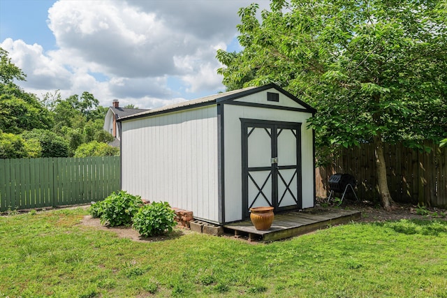 view of shed with a fenced backyard