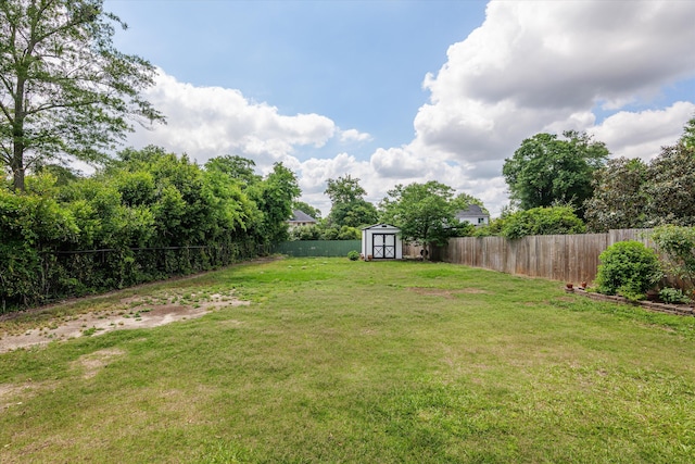 view of yard featuring a fenced backyard, an outbuilding, and a shed