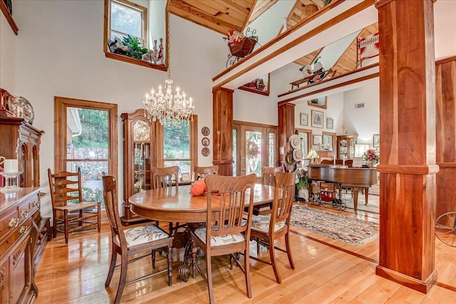 dining space featuring an inviting chandelier, light hardwood / wood-style floors, high vaulted ceiling, and wood ceiling