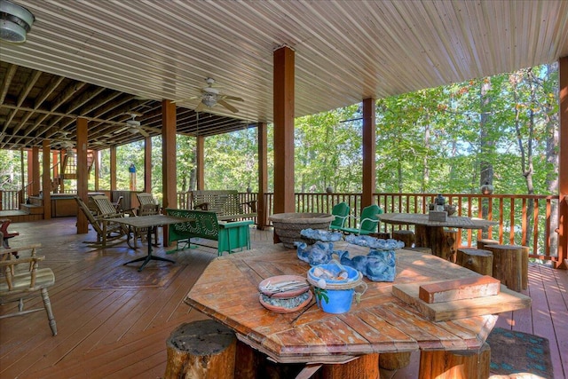 deck with ceiling fan and a bar