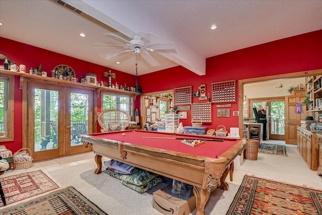 game room featuring beam ceiling, ceiling fan, french doors, and billiards