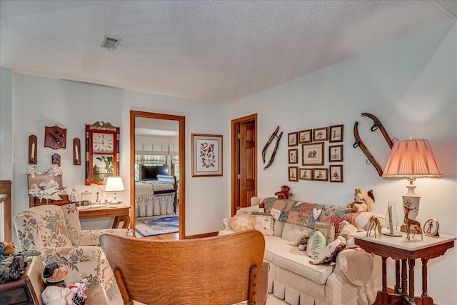 living room featuring a textured ceiling