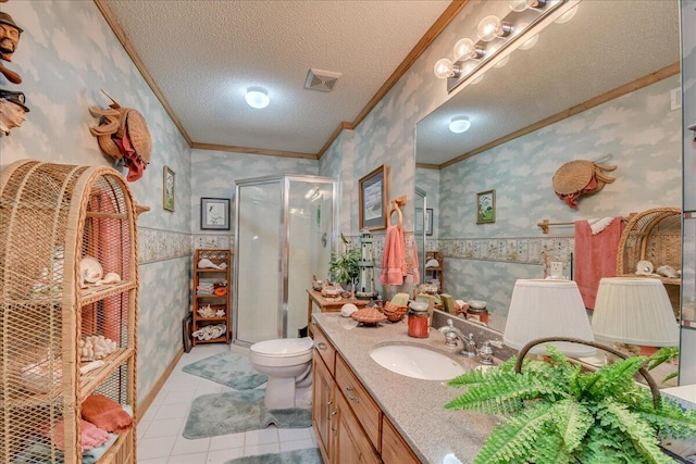 bathroom featuring tile patterned floors, a textured ceiling, vanity, a shower with shower door, and ornamental molding