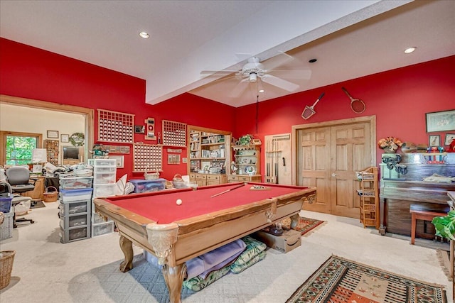 playroom featuring beam ceiling, ceiling fan, carpet flooring, and pool table