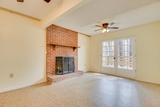 unfurnished living room featuring beamed ceiling, baseboards, and ceiling fan