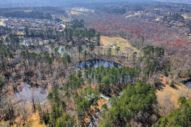 birds eye view of property featuring a wooded view and a water view