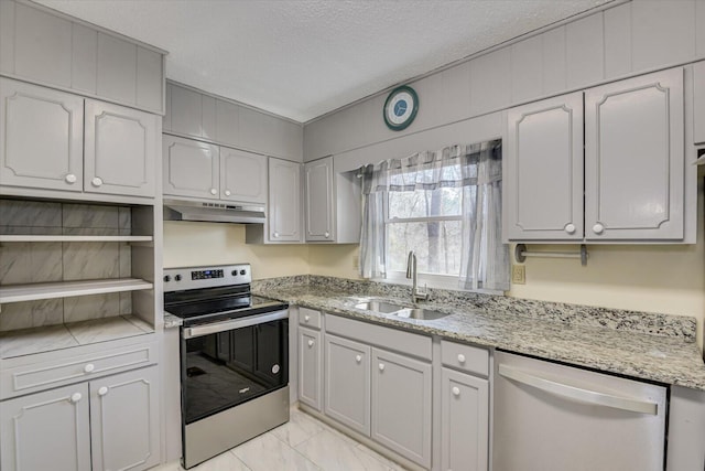 kitchen with under cabinet range hood, dishwashing machine, stainless steel range with electric stovetop, marble finish floor, and a sink