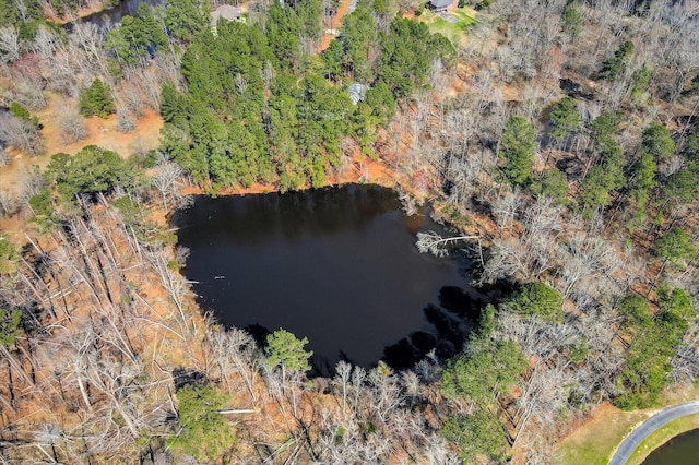 aerial view featuring a view of trees and a water view