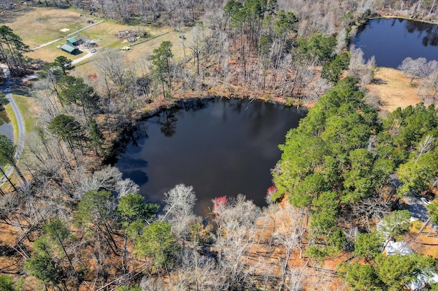 birds eye view of property featuring a forest view and a water view