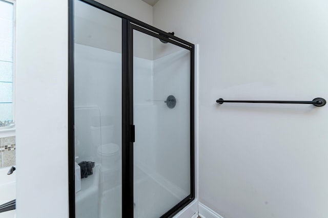 bathroom featuring a shower with door