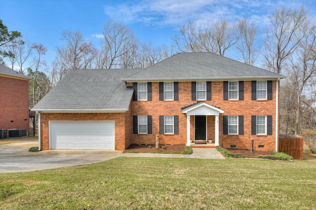 view of front of home featuring an attached garage, a front lawn, concrete driveway, crawl space, and brick siding