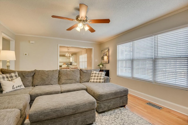 living room with visible vents, ornamental molding, ceiling fan with notable chandelier, a textured ceiling, and wood finished floors