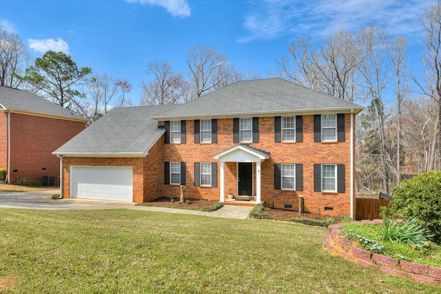 colonial home featuring driveway, roof with shingles, a front lawn, a garage, and brick siding