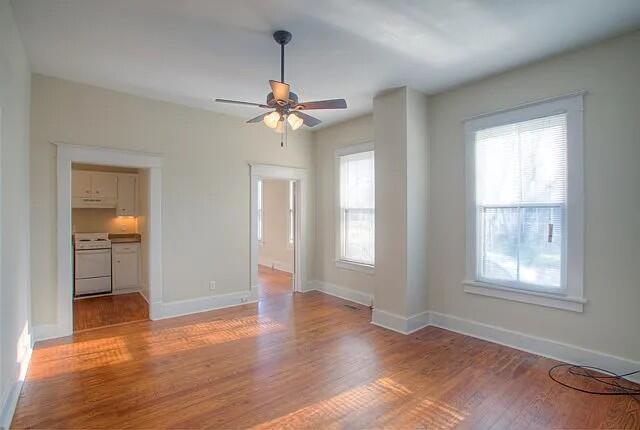 spare room featuring ceiling fan, light hardwood / wood-style floors, and a wealth of natural light