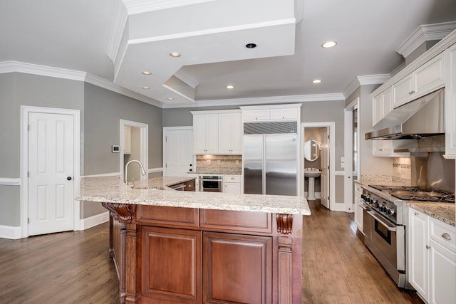 kitchen with high quality appliances, under cabinet range hood, ornamental molding, decorative backsplash, and dark wood-type flooring