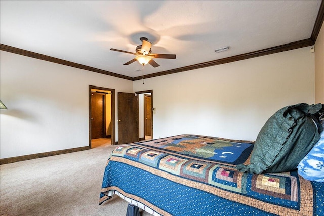 5114 Fairington Dr, Evans, GA 30809 - carpeted bedroom with crown molding, visible vents, ceiling fan, and baseboards