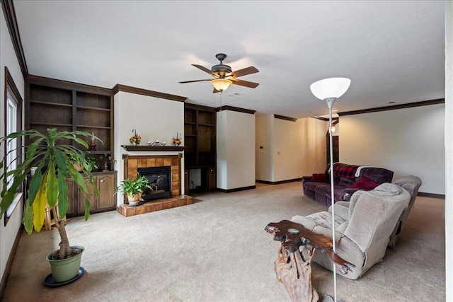 5114 Fairington Dr, Evans, GA 30809 - living area featuring light colored carpet, ornamental molding, ceiling fan, a fireplace, and baseboards