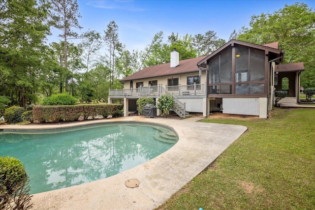 5114 Fairington Dr, Evans, GA 30809 - pool with a sunroom, a patio, stairway, a lawn, and a deck