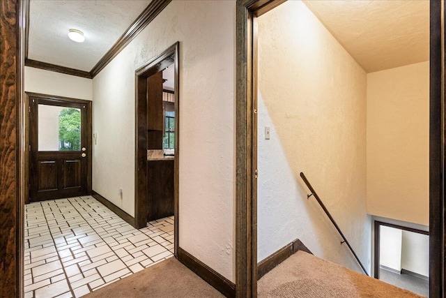 5114 Fairington Dr, Evans, GA 30809 - foyer entrance featuring baseboards, crown molding, a textured wall, and brick patterned floor