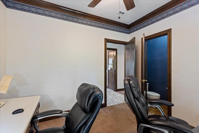 5114 Fairington Dr, Evans, GA 30809 - office space featuring visible vents, ceiling fan, ornamental molding, and carpet flooring