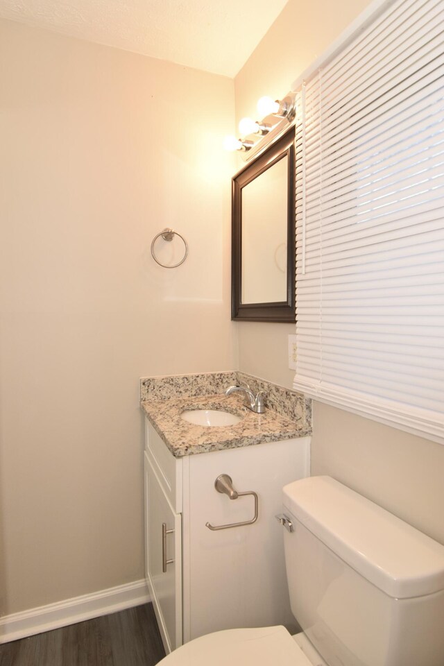 bathroom with hardwood / wood-style flooring, vanity, and toilet