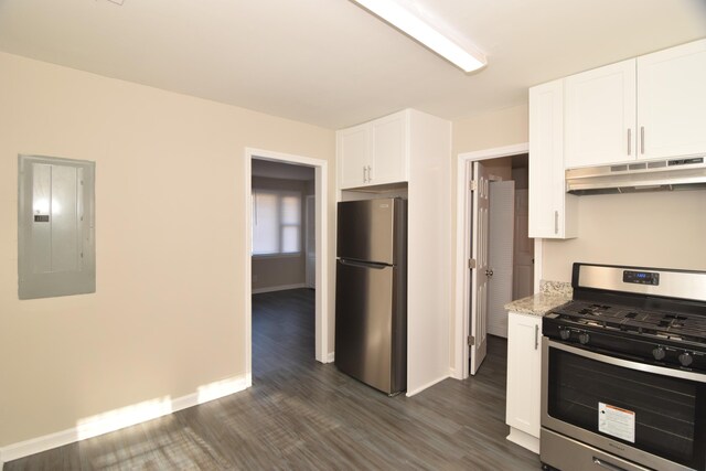 kitchen featuring electric panel, dark hardwood / wood-style floors, light stone countertops, white cabinetry, and stainless steel appliances