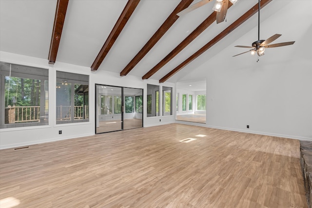 unfurnished living room with beam ceiling, light hardwood / wood-style flooring, high vaulted ceiling, and ceiling fan