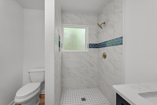 bathroom with vanity, toilet, and tiled shower