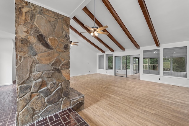 unfurnished living room featuring ceiling fan, beamed ceiling, high vaulted ceiling, and light wood-type flooring